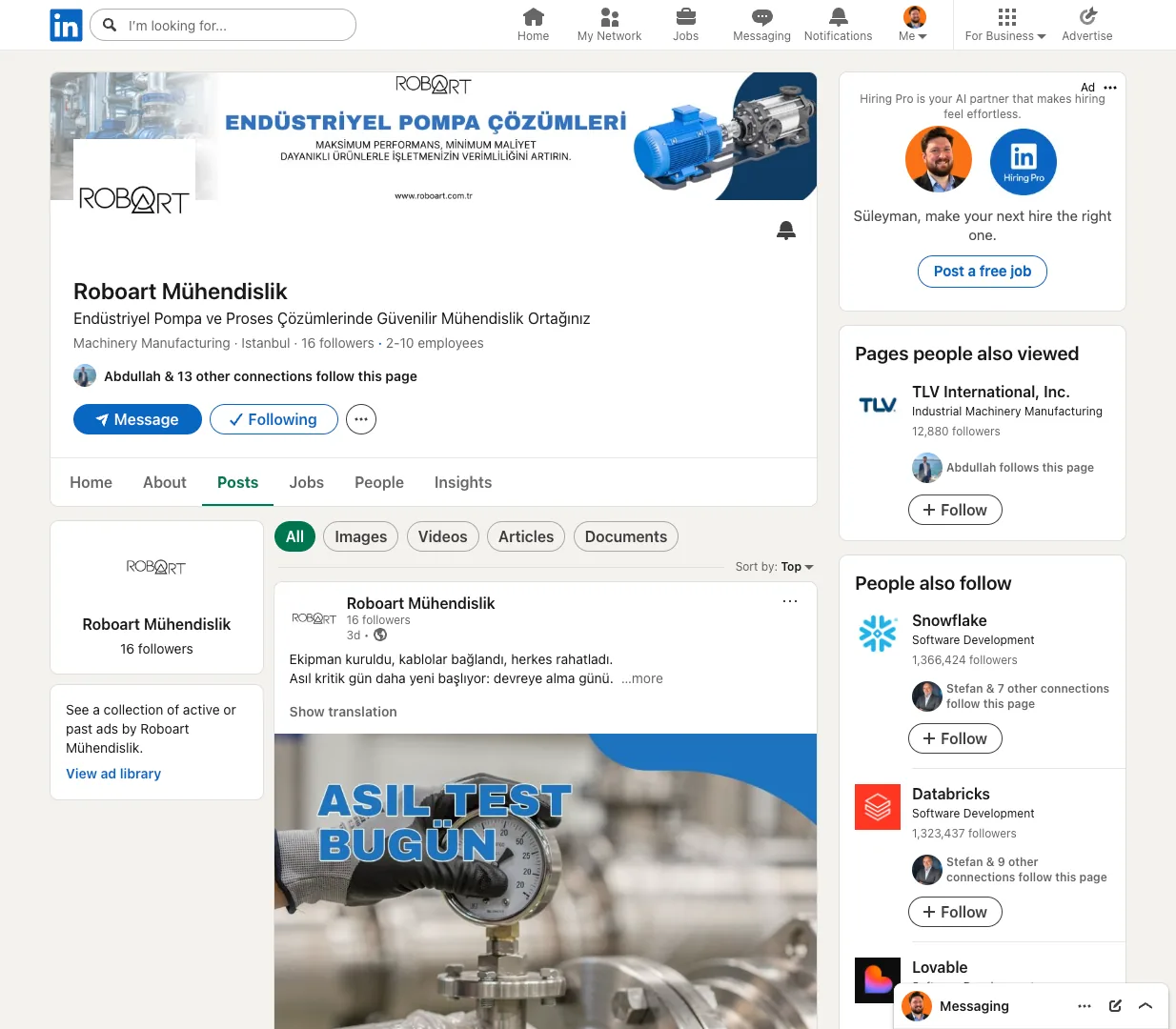 LinkedIn-Unternehmensprofil von Roboart Mühendislik